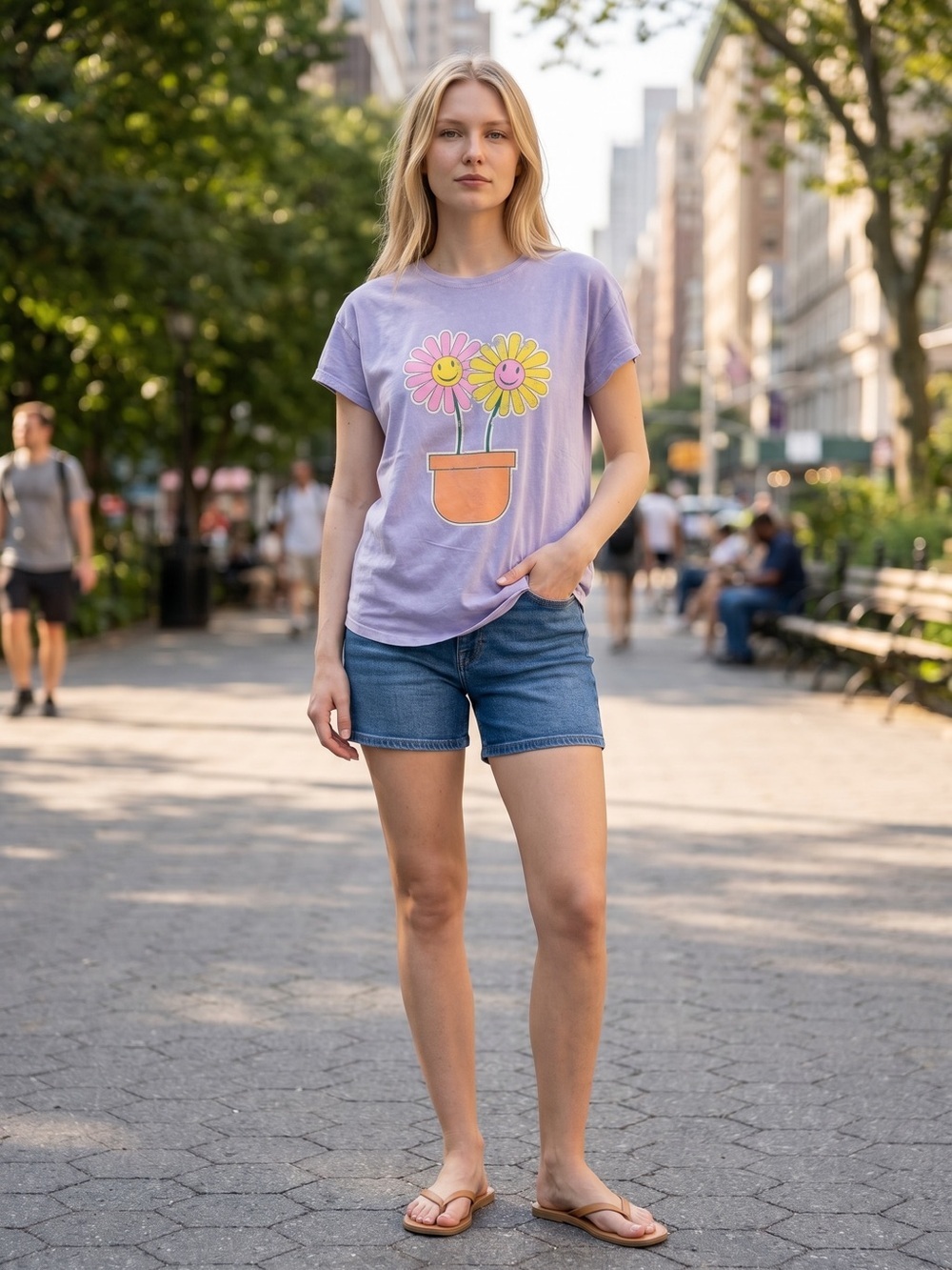 Lavender Short-Sleeve Tee with Smiley Flower Pot Graphic